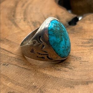 Vintage Turquoise Sterling Silver Men's Ring Old Bell Trading Post Size 9 1/2